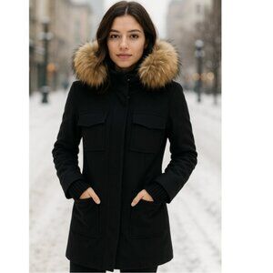 SAM Parka Womens size small Black Campus Jacket Wool Blend Hooded Fur Collar